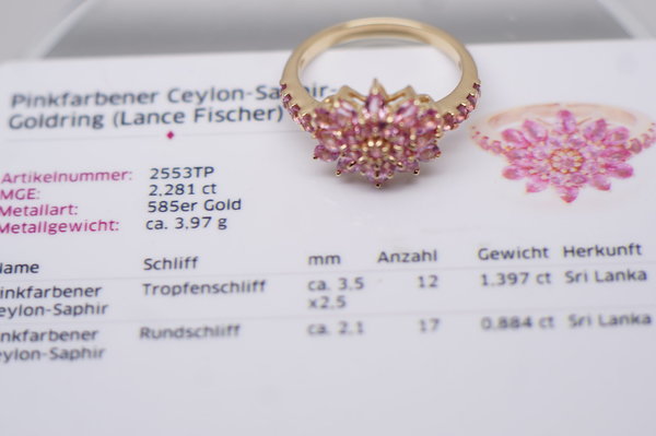 Damenring 585er 14 Karat Gelbgold mit rosa Saphiren,Größe 59,5